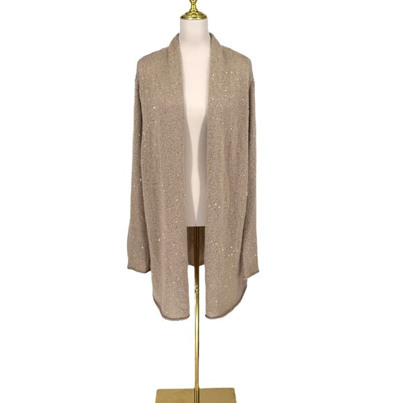 J. Jill Longline Sweater Cardigan 3X Beige Gold Sequins Open Knit Mohair Blend - Picture 2 of 13